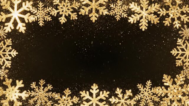 Golden glitter snowflakes framing dark black background