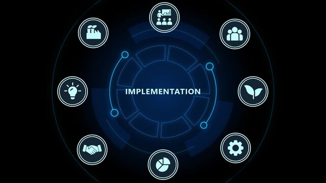 Implementation strategy concept with digital business and hud interface technology