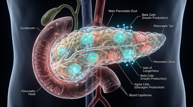 Detailed anatomical illustration of human pancreas with labels.