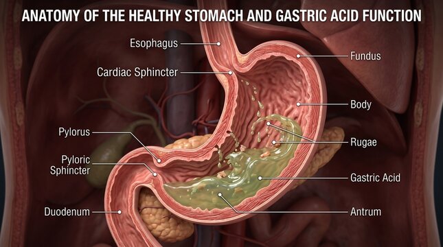 Detailed anatomical illustration of human stomach and gastric acid function.