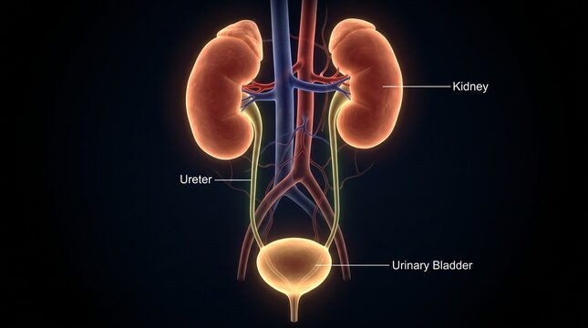 Detailed anatomical illustration of human urinary system organs.