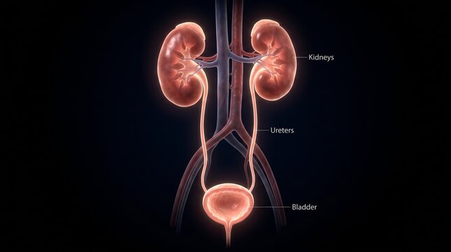 Detailed anatomical illustration of human urinary system.