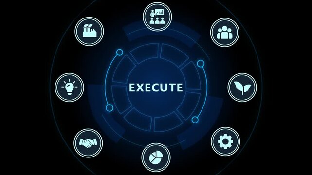 Digital business strategy interface with execute concept and corporate animated hud technology background