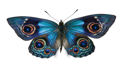 Vibrant blue butterfly with intricate eye-spot patterns, isolated on transparent background © STUDIOP