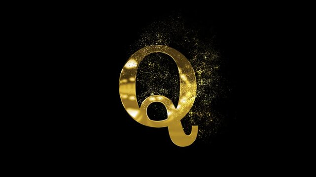 Beautiful letter Q of the English alphabet in a golden style, with particles and a transparent background