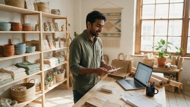 Man organizing products on shelves in a bright modern shop, retail and small business lifestyle scene