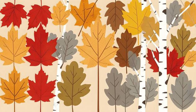 Colorful autumn leaves pattern with birch trees on beige background