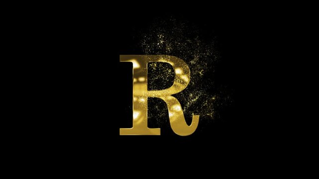 Beautiful letter R of the English alphabet in a golden style with particles and a transparent background