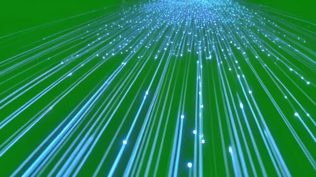 Abstract light streaks originating from a central point against a vibrant green background with subtle particle effects