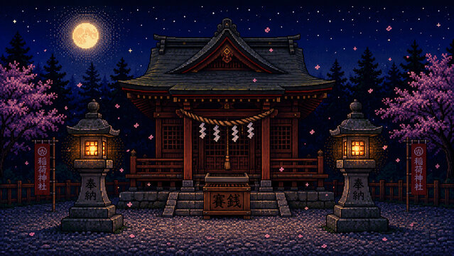 16-Bit Pixel Art Shinto Shrine at Night with Moon Lanterns and Cherry Blossoms