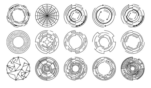 Cyber grid circles vector set with 12 abstract line art glitch matrix elements and round futuristic geometric shapes