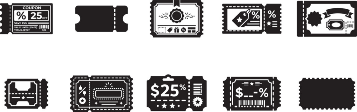 Vector coupon and ticket icon set with discount vouchers and promo codes for retail shopping promotions