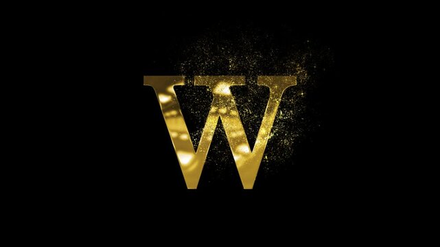 Beautiful letter W of the English alphabet in a golden style with particles and a transparent background