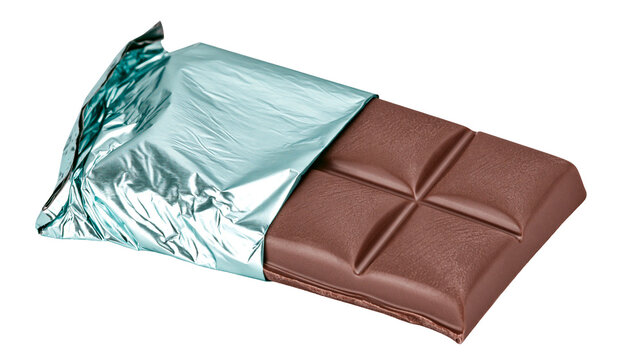Dark chocolate bar with teal foil wrapper, isolated on transparent background