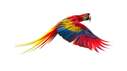 Vibrant red yellow and blue macaw parrot in flight, isolated on transparent background © STUDIOP