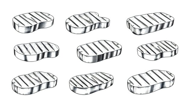 A collection of nine hand drawn illustrations featuring grilled steak cuts with char marks isolated