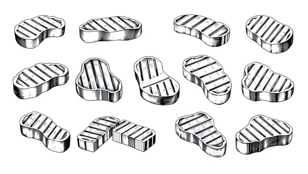 A collection of hand-drawn illustrations featuring various grilled steak cuts on white background