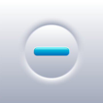 Neumorphism UI button with a blue minus sign on a white soft abstract background. Web interface design icon.