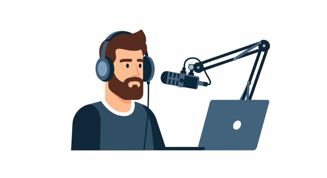 Man Hosting Podcast with Microphone and Laptop Vector Illustration