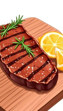 A perfectly grilled juicy beef steak garnished with fresh rosemary and bright yellow lemon slices