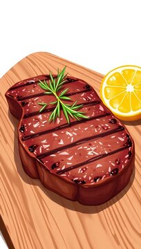 A perfectly grilled juicy beef steak garnished with fresh green herbs and a slice of yellow lemon