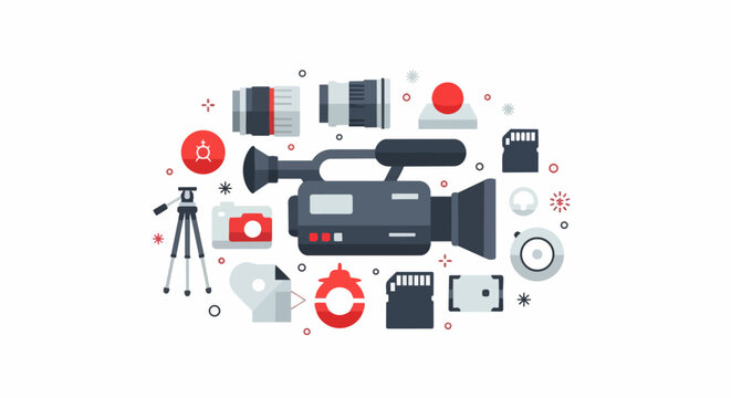 Video Production and Filmmaking Equipment Flat Vector Illustration Set with Camcorder, Lenses, Tripod, and SD Cards on White Background