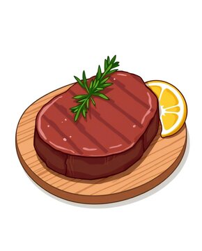 A delicious grilled beef steak served on a wooden plate with a fresh sprig of green rosemary herb