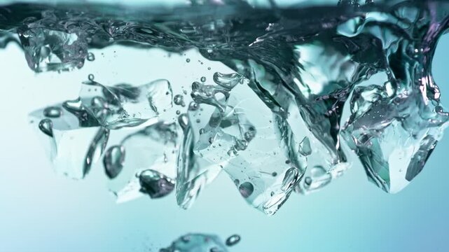 Super Slow Motion Shot of Clear Ice Cubes Falling into Water at 1000fps.
