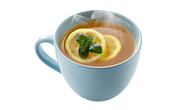Steaming hot tea in a blue mug with lemon slices and mint leaves, isolated on transparent background