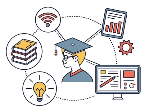 education technology icon set featuring online course, graduation cap, digital book, classroom screen, online exam, certificate, learning tablet, knowledge bulb, student profile, and educational analy
