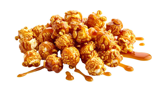 A delicious cluster of caramel-coated popcorn with glossy golden caramel, isolated on transparent background, PNG