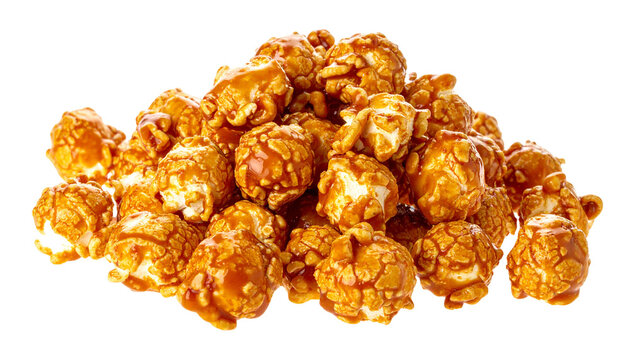 A delicious cluster of caramel-coated popcorn with glossy golden caramel, isolated on transparent background.