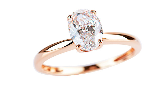 Oval cut diamond engagement ring with rose gold band, isolated on transparent background