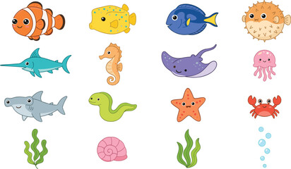 Naklejka premium Cute Marine Animal Collection with Tropical Fish, Shark, Stingray, Seahorse, Jellyfish, Starfish, Crab, and Ocean Cartoon Vector Set