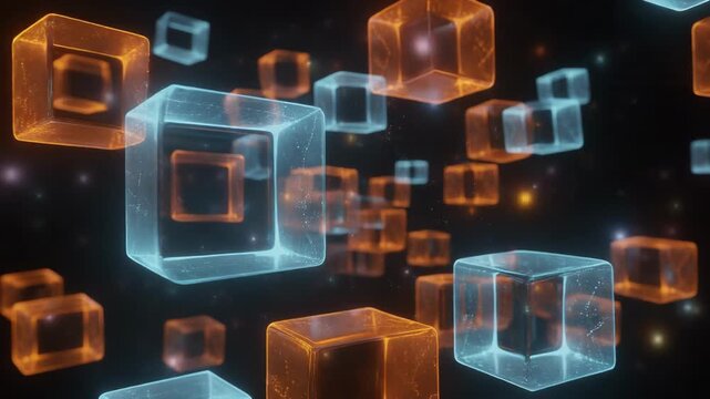 Firefly glowing cubes floating in dark digital void mesmerizing futuristic abstract background