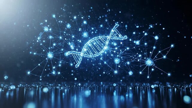 DNA helix glowing with network connections in futuristic blue digital space with subtle bokeh