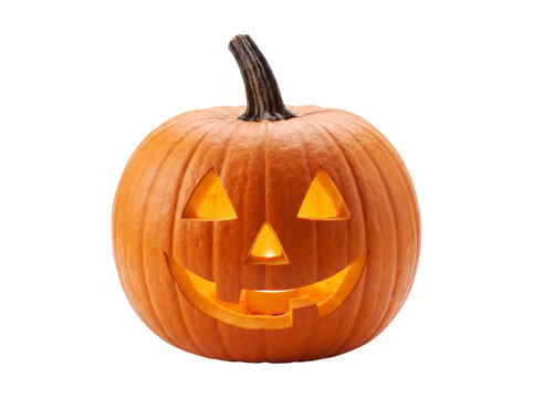 Carved pumpkin with glowing face isolated on transparent background