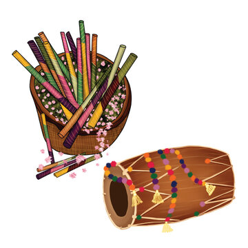 Traditional Indian Navratri Dandiya Sticks with Decorated Dhol Drum Vector Illustration