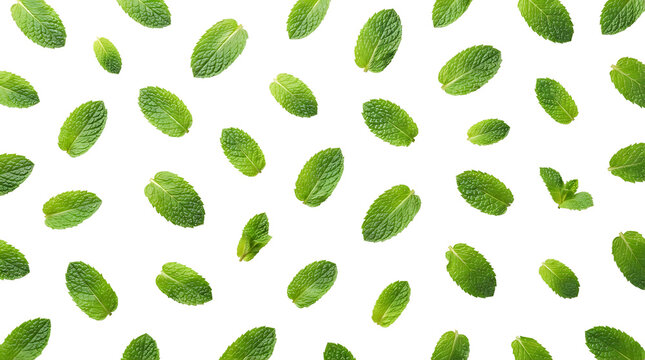 A vibrant pattern of fresh green mint leaves scattered across a clean white background.