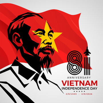modern Vietnam Independence Day 2026 81st Anniversary Poster Banner with Ho Chi Minh Silhouette, Vietnam Flag and Patriotic Flat Vector Illustration. Ho Chi Minh Silhouette Abstract Geometric  Style
