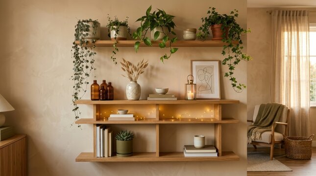 Cozy living room shelf decor with plants, books, and ambient lighting