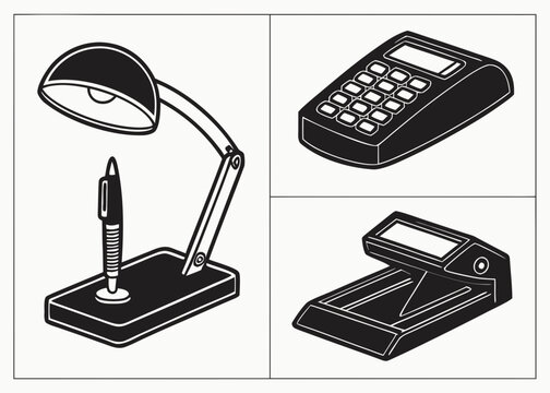 four minimalist black office products on one white artboard desk lamp, stapler, calculator and pen holder. Use consistent black color, simple professional shapes and balanced proportions. Every design