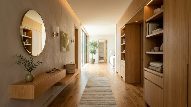 Modern hallway with natural wood accents and minimalist decor