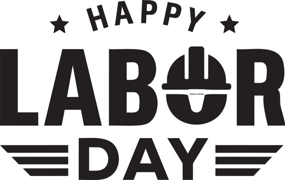 Happy Labor Day Bold Typography Badge with Hard Hat and Industrial Symbol