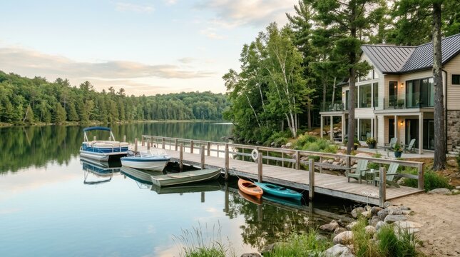 Modern lake house with boats docked on a serene waterfront in the summer