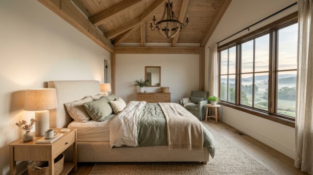Cozy bedroom with vaulted wood beam ceiling and scenic mountain view