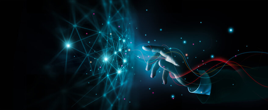Abstract, Businessman touch Big data network connected with AI technology, Deep learning and algorithm, Innovative and Data science, Data flow on global network. The world is a your fingers.
