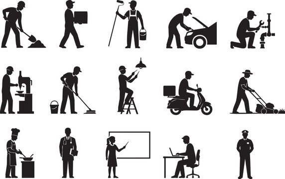 Industrial Worker Silhouette Collection Showing Construction and Manual Labor Jobs