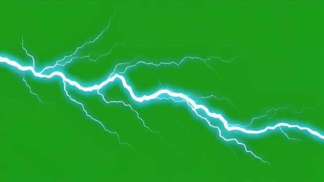 Electric blue lightning strikes crackle across a green screen background during a storm simulation with motion blur