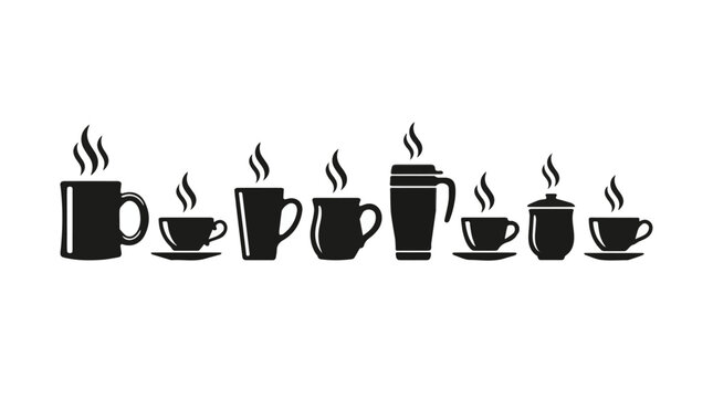 Minimalist Coffee Mugs and Cups Illustration Set in Black on Transparent Background for Coffee Shop Design